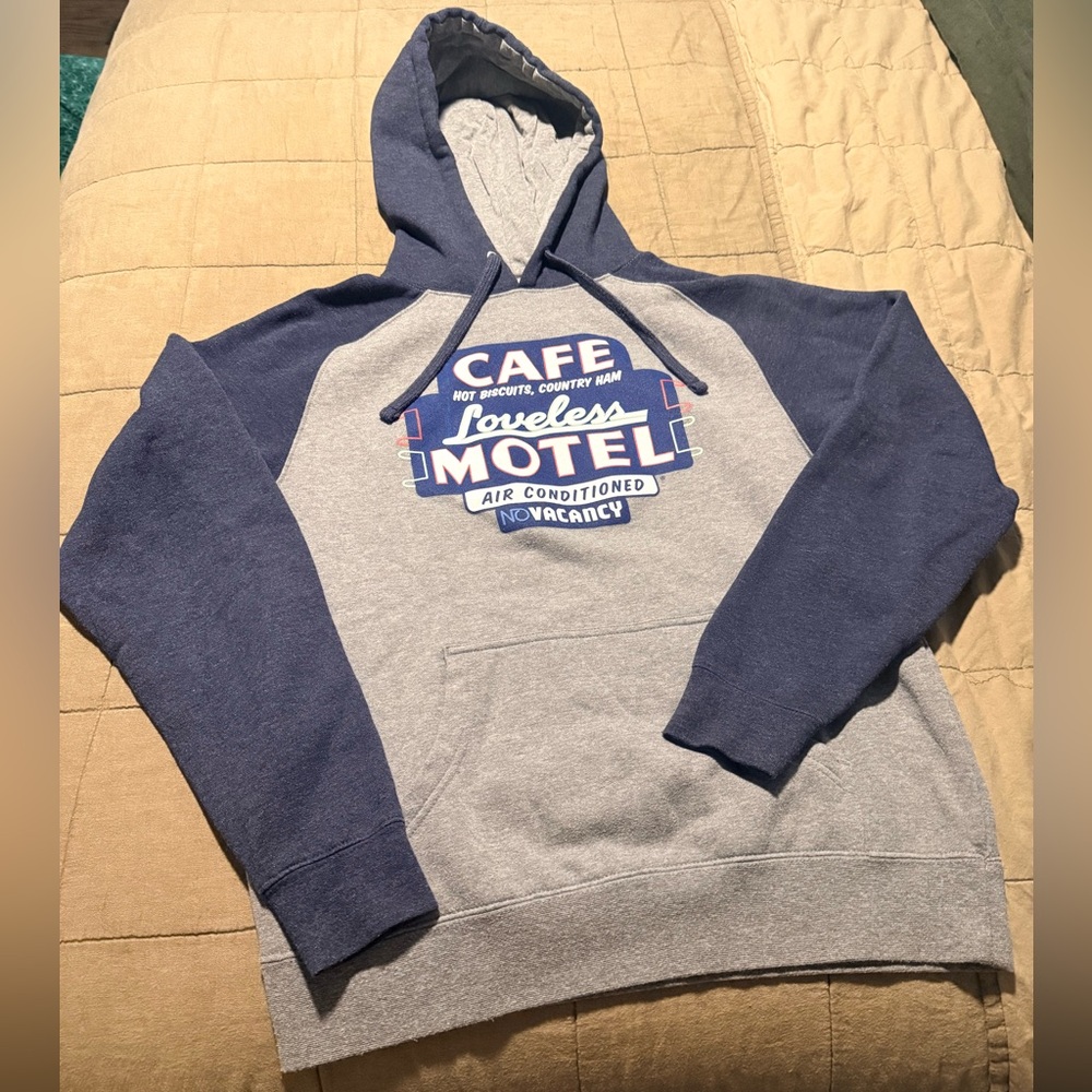 Loveless Cafe Motel Gray and Blue Graphic Hoodie, Size Small